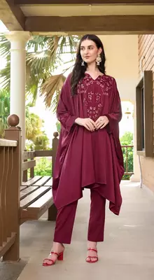 Maroon hand embroidery satin asymmetrical  kurta & 3