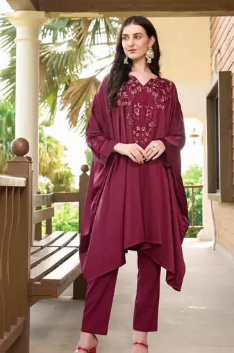 Maroon hand embroidery satin asymmetrical  kurta &