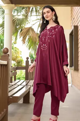 Maroon hand embroidery satin asymmetrical  kurta &