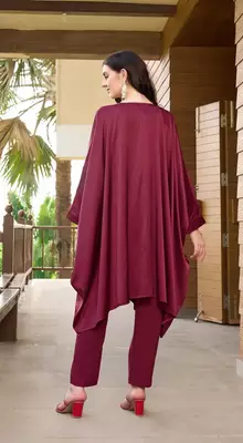 Maroon hand embroidery satin asymmetrical  kurta & 5