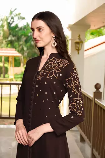 Brown hand embroidery georgette a line kurta & pants set