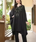 Black hand embroidery satin asymmetrical  kurta &