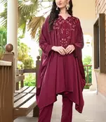 Maroon hand embroidery satin asymmetrical  kurta & pants set