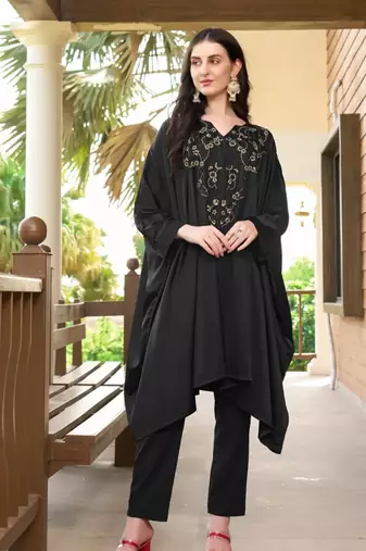 Black hand embroidery satin asymmetrical  kurta &