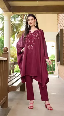 Maroon hand embroidery satin asymmetrical  kurta & pants set 3