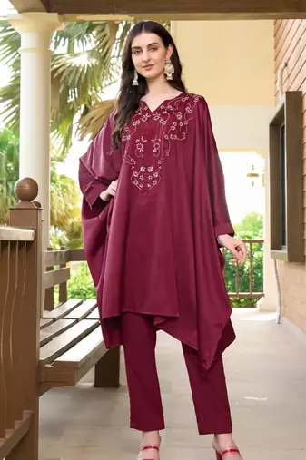 Maroon hand embroidery satin asymmetrical  kurta & pants set