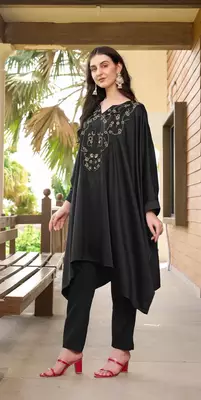 Black hand embroidery satin asymmetrical  kurta & 4