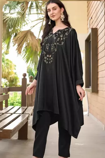 Black hand embroidery satin asymmetrical  kurta &