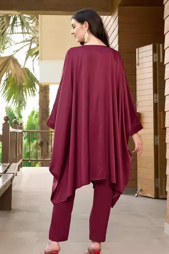 Maroon hand embroidery satin asymmetrical  kurta & pants set