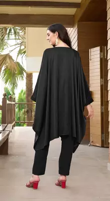 Black hand embroidery satin asymmetrical  kurta & 5