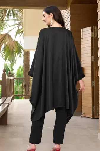 Black hand embroidery satin asymmetrical  kurta &