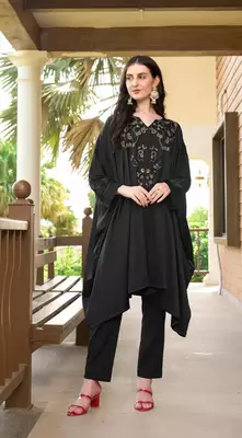 Black hand embroidery satin asymmetrical  kurta & pants set 1
