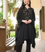Black hand embroidery satin asymmetrical  kurta & pants set