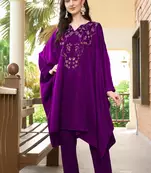 Purple hand embroidery satin asymmetrical  kurta &