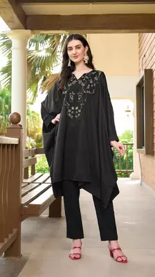 Black hand embroidery satin asymmetrical  kurta & pants set 3