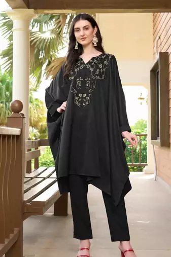 Black hand embroidery satin asymmetrical  kurta & pants set