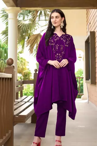 Purple hand embroidery satin asymmetrical  kurta &
