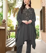 Grey hand embroidery satin asymmetrical  kurta &