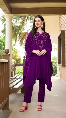 Purple hand embroidery satin asymmetrical  kurta & pants set 1