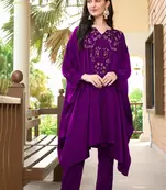 Purple hand embroidery satin asymmetrical  kurta & pants set
