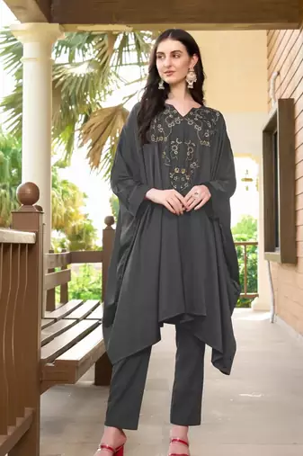 Grey hand embroidery satin asymmetrical  kurta &