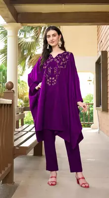 Purple hand embroidery satin asymmetrical  kurta & pants set 3