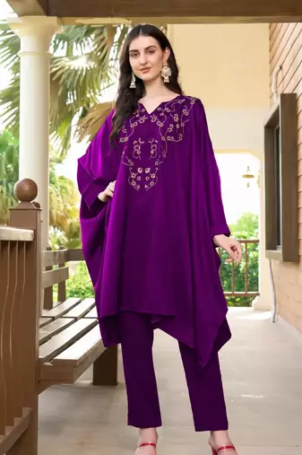 Purple hand embroidery satin asymmetrical  kurta & pants set