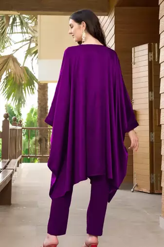 Purple hand embroidery satin asymmetrical  kurta & pants set