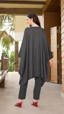 Grey hand embroidery satin asymmetrical  kurta & 4