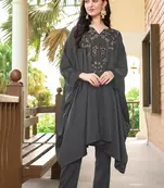 Grey hand embroidery satin asymmetrical  kurta & pants set