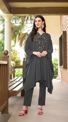 Grey hand embroidery satin asymmetrical  kurta & pants set 3