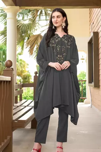 Grey hand embroidery satin asymmetrical  kurta & pants set