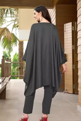 Grey hand embroidery satin asymmetrical  kurta & pants set