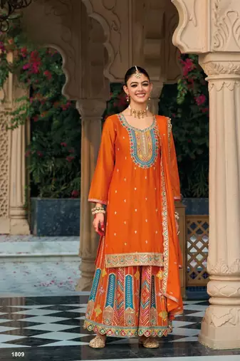 Orange premium embroidered chinon salwar suit (Free Size)