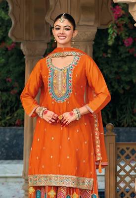 Orange premium embroidered chinon salwar suit (Free Size) 1