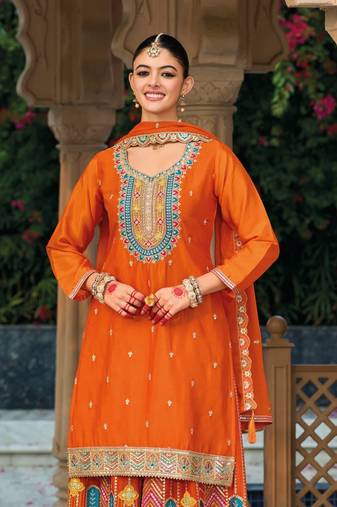 Orange premium embroidered chinon readymade salwar suit (Free Size)