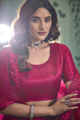 MAGENTA PINK SEQUINS THREAD EMBROIDERED SOFT NET SEMI STITCHED LEHENGA CHOLI 4