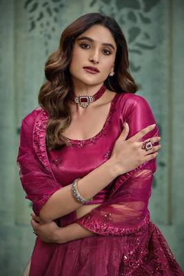 MAGENTA PINK SEQUINS THREAD EMBROIDERED SOFT NET SEMI STITCHED LEHENGA CHOLI 5