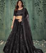 BLACK SEQUINS THREAD EMBROIDERED SOFT NET SEMI STITCHED LEHENGA CHOLI