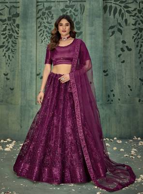 WINE SEQUINS THREAD EMBROIDERED SOFT NET SEMI STITCHED LEHENGA CHOLI 1