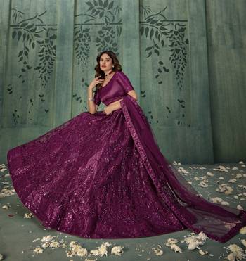 WINE SEQUINS THREAD EMBROIDERED SOFT NET SEMI STITCHED LEHENGA CHOLI 2