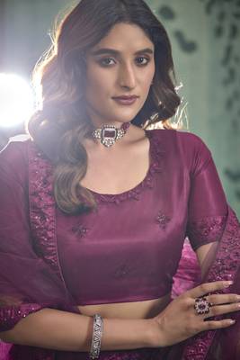 WINE SEQUINS THREAD EMBROIDERED SOFT NET SEMI STITCHED LEHENGA CHOLI 3