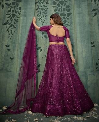 WINE SEQUINS THREAD EMBROIDERED SOFT NET SEMI STITCHED LEHENGA CHOLI 5