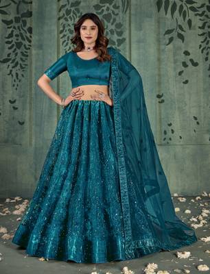 TURQUOISE SEQUINS THREAD EMBROIDERED SOFT NET SEMI STITCHED LEHENGA CHOLI 1