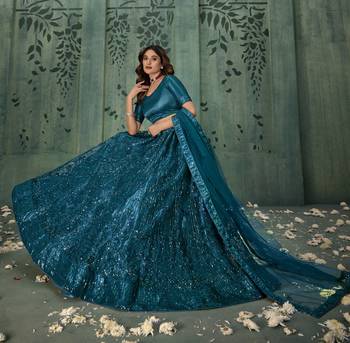 TURQUOISE SEQUINS THREAD EMBROIDERED SOFT NET SEMI STITCHED LEHENGA CHOLI 2