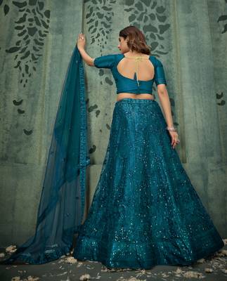 TURQUOISE SEQUINS THREAD EMBROIDERED SOFT NET SEMI STITCHED LEHENGA CHOLI 5