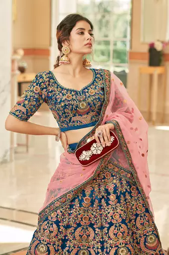 BLUE THREAD ZARI DORI AND SEQUINS EMBROIDEREY WORK VELVET SEMI STITCHED LEHENGA CHOLI