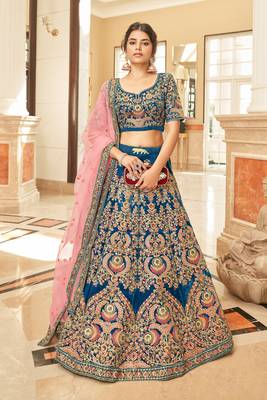 BLUE THREAD ZARI DORI AND SEQUINS EMBROIDEREY WORK VELVET SEMI STITCHED LEHENGA CHOLI 5