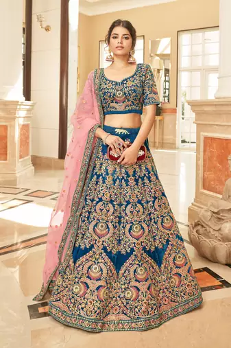 BLUE THREAD ZARI DORI AND SEQUINS EMBROIDEREY WORK VELVET SEMI STITCHED LEHENGA CHOLI