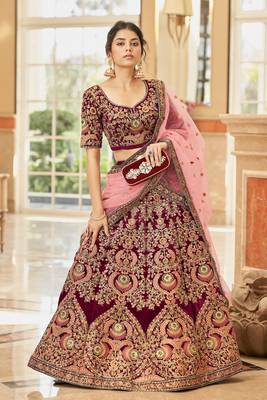 MAROON THREAD ZARI DORI AND SEQUINS EMBROIDEREY WORK VELVET SEMI STITCHED LEHENGA CHOLI 2